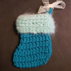 Hand Crafted Crochet Mohair Trimmed Teal Stocking Ornament